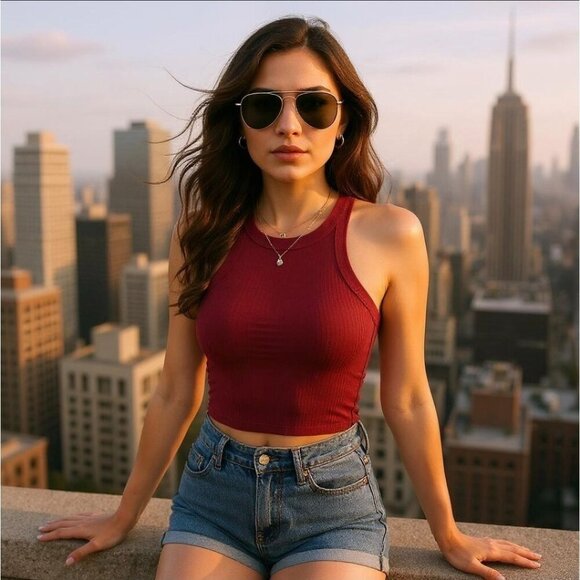 Garage ✦ Burgundy Ribbed Racerback Tank ✦ Cropped Fit Cotton Blend Size S EUC - Picture 1 of 9